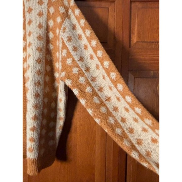 Vintage 70s Wool Knit Cardigan Zip Sweater Nordic Geometric Tan Cream XL - Picture 2 of 8